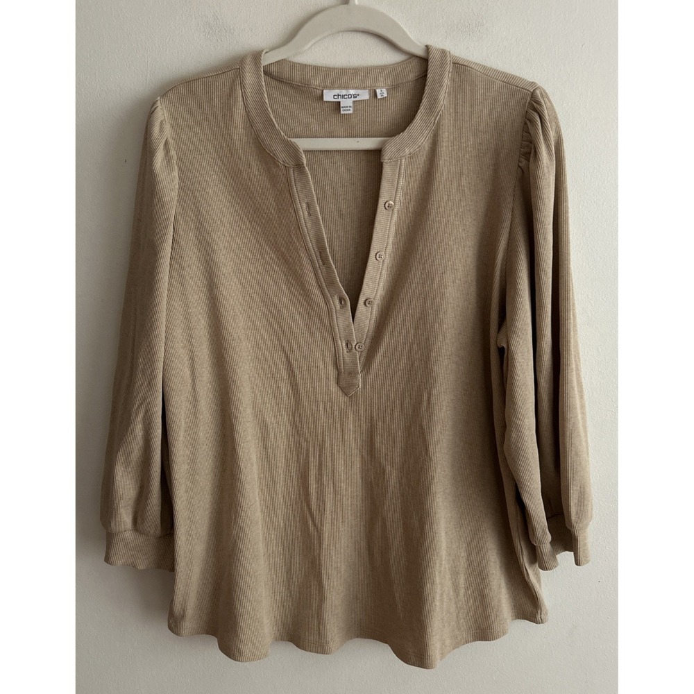Chicos Balloon Sleeve Henley Oatmeal Sz XL (Chico's Size 3)
